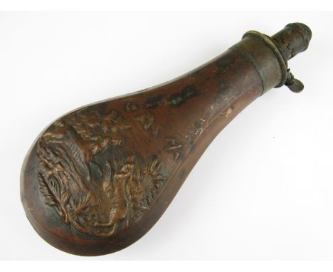 A Victorian Bartram copper powder flask, decorated with vignettes depicting hunting hounds and game 