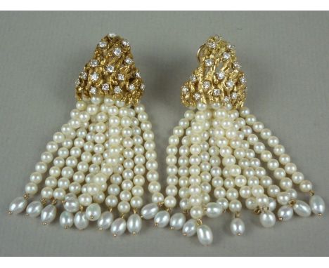 An impressive pair of diamond, pearl and high-carat yellow metal ear pendants, each of domed organic form constructed from na