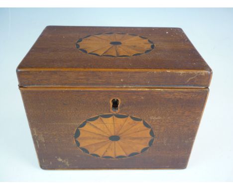 A Georgian mahogany tea caddy, with satinwood stringing and conforming satinwood and ebony fan inlay to each face, opening to