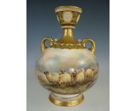 A Royal Worcester blush ivory vase decorated by Harry Davis, of oblate form, with everted rim and a pair of loop handles, rai