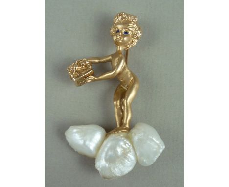 A vintage high-carat yellow metal, baroque pearl and sapphire 'Monday's Child' brooch designed by William Ruser, in the form 