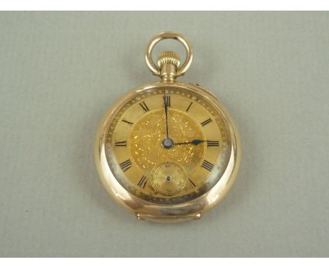 A Victorian lady's high carat yellow metal fob watch, having a crown wound movement, engine turned face, Roman numerals, subs