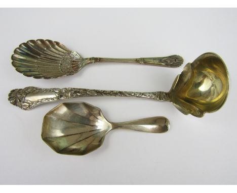 A Gorham 1902 patent Sterling poppy pattern sauce ladle, together with two silver caddy spoons