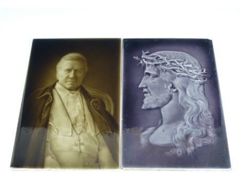 A Sherwin & Cotton portrait tile of Christ designed by George Cartlidge, together with one other the same depicting Pope Pius