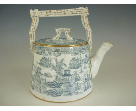 A late 19th Century Worcester porcelain novelty tea pot, of coopered form, with moulded wood effect handle and conforming cov