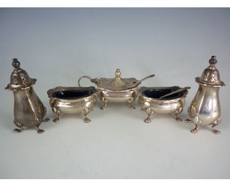 An Elizabeth II silver cruet set, comprising mustard, two salts and a pair of peperettes, Birmingham, 1958 and 1959, together
