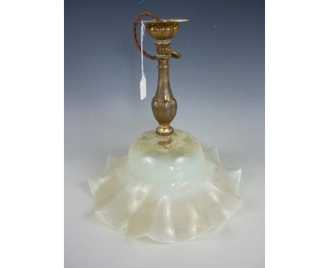 A late 19th / early 20th Century lacquered brass pendant ceiling light with vaseline glass shade, 32 cm 