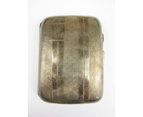 A George V silver cigarette case, with engine turned honeycomb and banded decoration, together with an engraved monogram, Joh