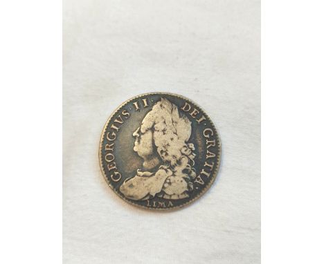 United Kingdom. George II 1746 halfcrown. OBV draped bust facing left above word LIMA. REV crowned cruciform national shields