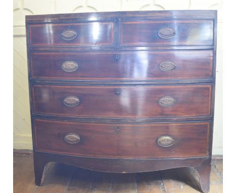 A 19th century inlaid mahogany bow front chest, of two short and three graduated long drawers, on bracket feet, 105.5 cm wide