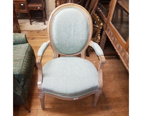 A 19th century armchair, another, a walnut wall hanging shelf, stool, three side tables, a standard lamp, and a pair of stand