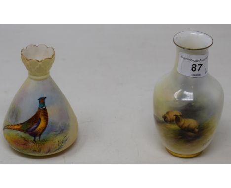 A Royal Worcester vase, painted with sheep, signed E. Barker, 11 cm high, and a Worcester vase painted with pheasant, 11 cm h