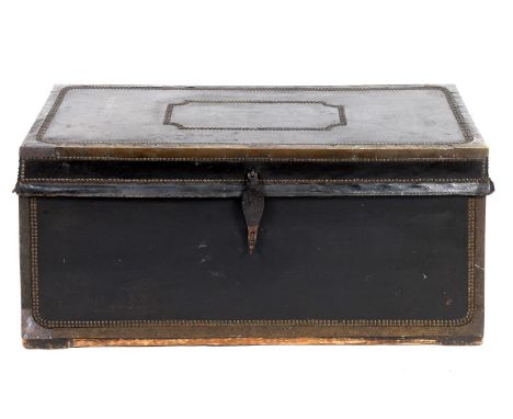A 19th century leather covered travelling trunk, with brass mounts, 106 cm wideReport by RBLooks to be signs of a name to the