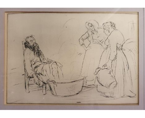 After Edmund Blampied, The Sick Man, lithograph, 15 x 24 cm and a  print of founder of St Clair college (2) 