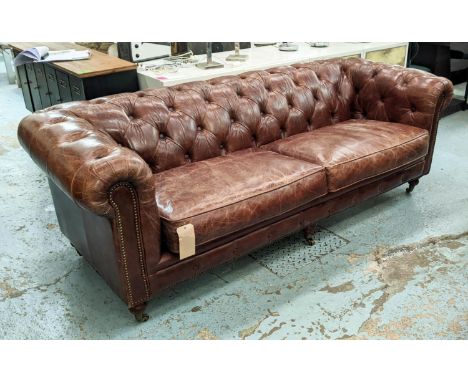 CHESTERFIELD STYLE SOFA, tan button back leather upholstered, studded detail. 220cm x 90cm x 75cm. 