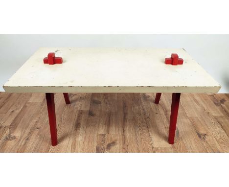 LOW TABLE, 1950's painted plywood top with pegged legs, 110cm L x 58cm x 47cm H. 