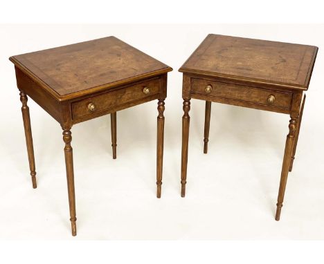 LAMP TABLES, a pair, George III design, burr elm and yew crossbanded each with frieze drawer and turned supports, 58cm W x 53