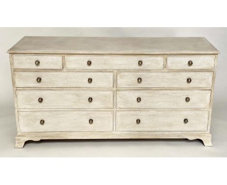 LOW CHEST, George III design traditionally grey painted with nine drawers and bracket supports, 77cm H x 153cm W x 47cm D. 