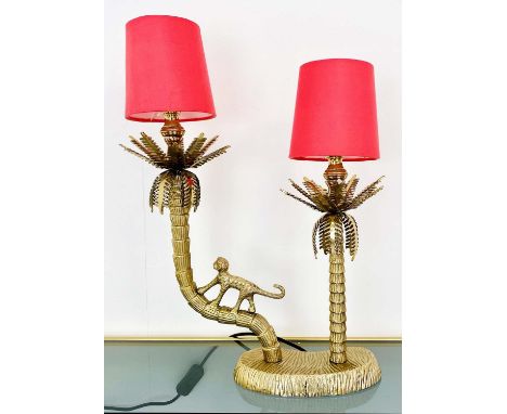 TABLE LAMP, two branch, 50cm H x 32cm W x 15cm D in the form of a monkey climbing palm trees, with shades. 