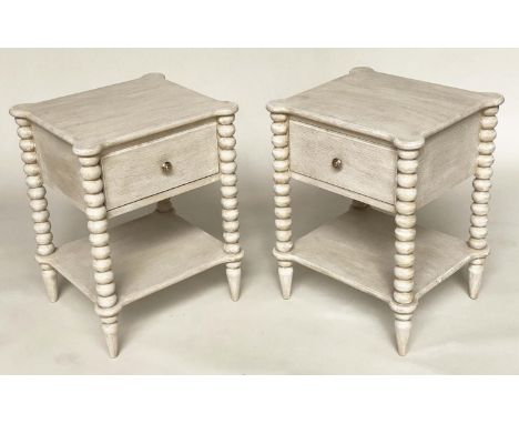 BEDSIDE TABLES, a pair, grey painted each with drawer undertier and bobbin turned columns, 47cm x 42cm x 58cm H. (2) 