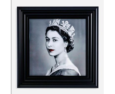 HM QUEEN ELIZABETH II, print, heightened with adornments, framed, 55cm high x 50cm wide. 