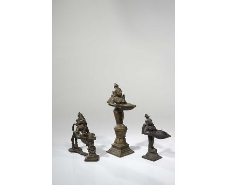 BronzeIndia, 17th century Dimensions: Height 10 - 17 cmWeight: 1247 grams Three oillamps of Deepalakshmi, Goddess of Prosperi