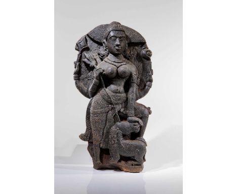 Black StoneIndia, 12th century Dimensions: Height 47 cm Wide 26 cm Depth 11 cmWeight: 14.5 Kg Stone fragment of the Mother Go