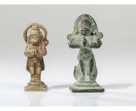 BronzeIndia, 15th - 18th century Dimensions: Height 4 & 4,5 cmWeight: 61 grams Two standing Hanumans on thin surfaces with th