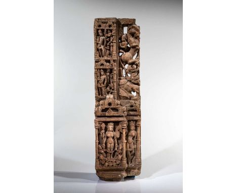 SandstoneIndia, 12th century Dimensions: Height 68 cm Wide 19 cm Depth 12 cmWeight: 25,8 Kg Temple fries with four scenes. Th