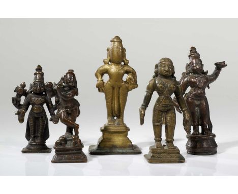 BronzeIndia, 15th to 18th century Dimensions: Height 7 - 9 cmWeight: 530 grams all Small group of deities. One is four-armed 