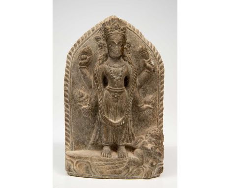 StoneNepal, 17th century Dimensions: Height 16 cm Wide 10 cm Depth 3 cmWeight: 730 grams House shrine depicting Vishnu standi