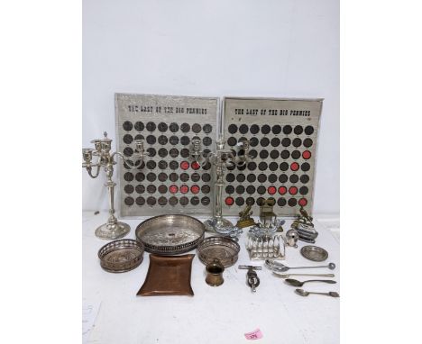 A mixed lot of silver plate and other metalwares to include two incomplete sets of pennies from 1900-1967, a brass dolls hous
