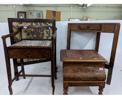 Four pieces of small furniture to include a fire screen, an Edwardian child's chair with a hinged seat, a small corner unit w