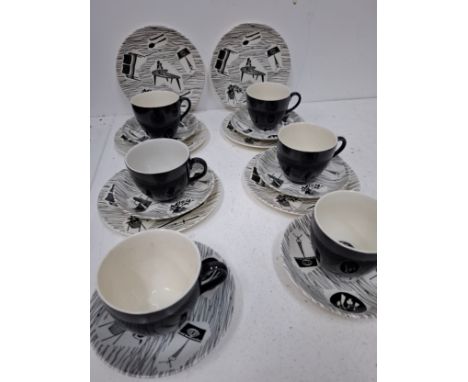 A Ridgway Homemaker black and white part tea service comprising 5 black tea cups (one handle broken), a matched tea cup and 6