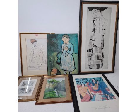 A quantity of framed prints, pencil and watercolours, mainly in the style of well known artists to include Gustav Klimt and M