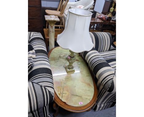 A modern hardwood and green onyx oval coffee table on French style cabriole legs, an onyx and gilt metal plant stand in the f