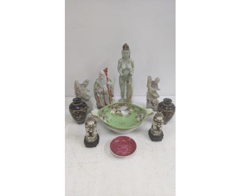 A group of Oriental items to include a pair of Japanese cloisonne vases, a pair of Chinese soapstone figures, a Noritake twin