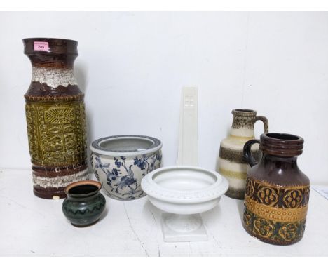A selection of pottery to include mid-century West German fat lava vases, a modern oriental porcelain jardinière, Belleek vas
