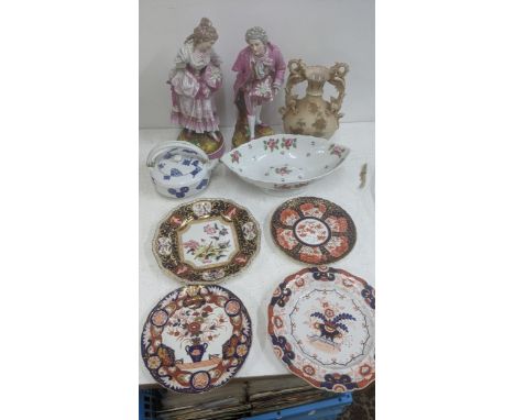 A collection of ceramics to include a pair of Continental figures both A/F, an ivory blush twin  handled vase two Masons Iron