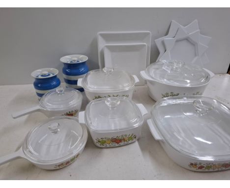 Kitchen ware to include contemporary white star and square plates, 2 Cornish Ware blue and white striped canisters with lids,
