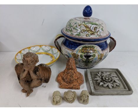 Exterior garden ornaments to include a large planter, a plaque decorated with flowers and other items Location:If there is no