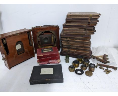 Two vintage wooden plate cameras, a J Lancaster & Sons Ltd., and The National Camera - The Westminster Photographic Exchange 