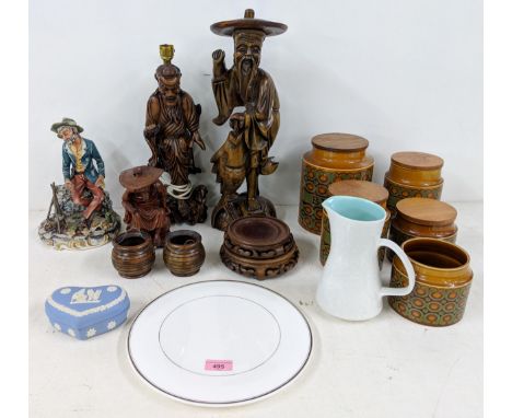 A mixed lot to include a Capodimonte figure, Asian style wooden figures, Hornsea Pottery, a Wedgwood trinket box, a Poole Pot