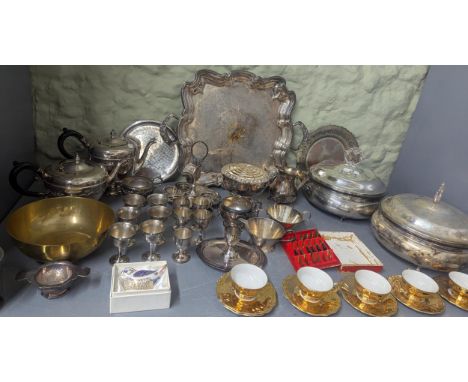 A mixed lot of mainly silver plated items along with other collectables to include a silver egg cup, a royal crown derby pape