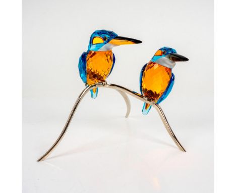 Lead crystal figure that was part of the â€œSilver Lake" Collection. Colorful pair of bird as in aquamarine blue and orange c