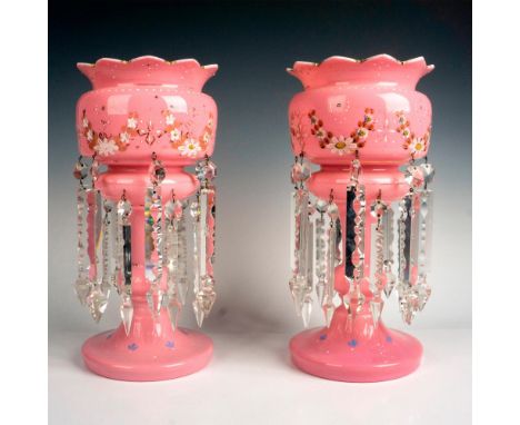 Beautiful large pink lusters painted with enamel flowers; 14 long drop cut detachable prisms on each lustre. Dimensions: 7"W 