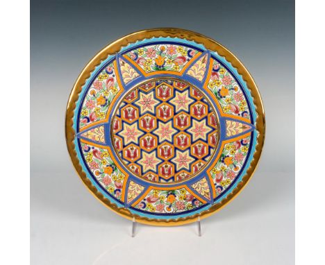 Lovely colorful decorative hanging platter with raised floral and Islamic inspired designs painted in enamel an 24k gold. Dim