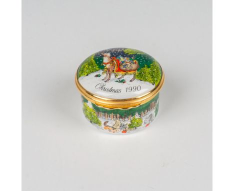 Decorated with festive winter scenes featuring woodland animals and reindeer carrying Christmas presents. Hinged lid with met