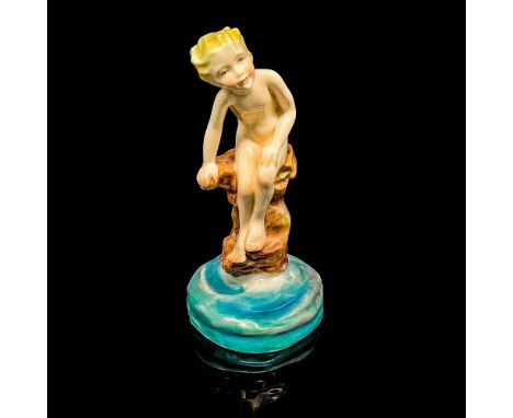 Figure of a happy child sitting on a rock over a blue whirling pool. Bone China piece. Royal Worcester backstamp. Artist: F &