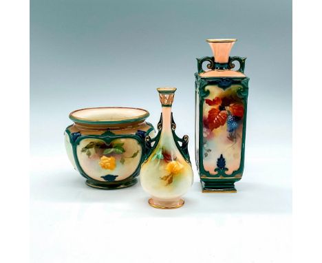 3 small floral and fruit motif vases with green accents and gild trims. Royal Worcester backstamps. Vase 1: 2"L x 2"W x 6.5"H